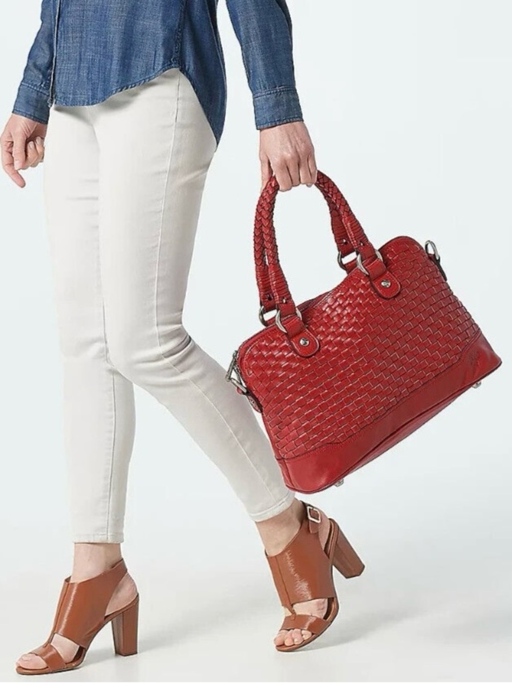 Patricia Nash Red Woven Leather Satchel with Floral Scarf
